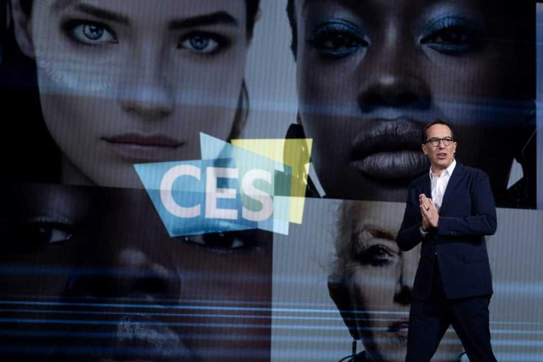 Nicolas Hieronimus, CEO of L'Oreal, delivers a keynote address at  the Consumer Electronics Show (CES) on January 9, 2024 in Las Vegas