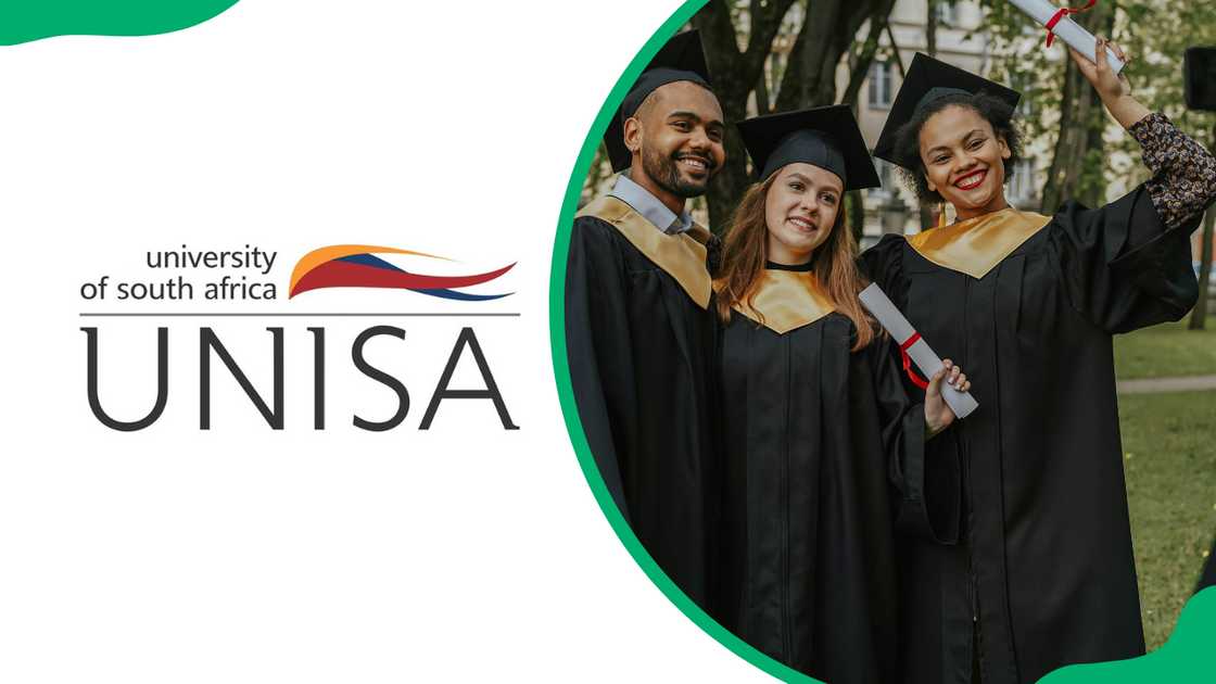 The UNISA logo and happy graduates in academic dresses are posing for a group photo