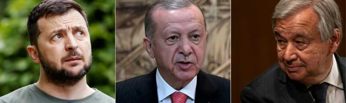 (L-R) Ukrainian President Volodymyr Zelensky, Turkey's Recep Tayyip Erdogan and UN chief Antonio Guterres will meet in Lviv Thursday (L-R) Ukrainian President Volodymyr Zelensky, Turkey's Recep Tayyip Erdogan and UN chief Antonio Guterres will meet in Lviv Thursday