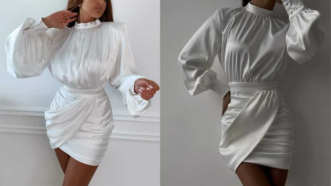 Lantern long-sleeved mini with asymmetric wrap hem