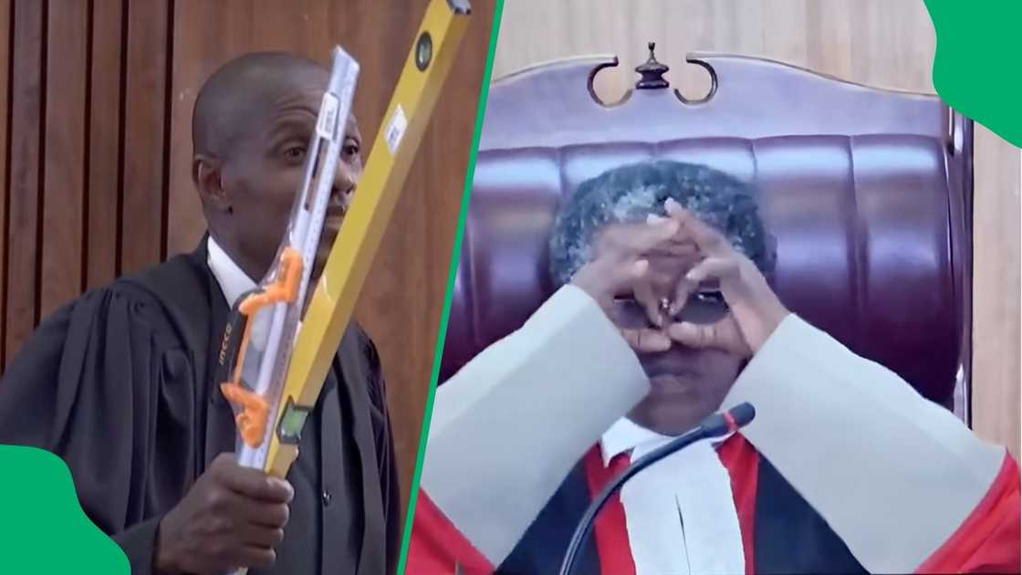 Judge Ratha Mokgoatlheng pretends he is looking through a microscope, hence the Albert Einstein comment. Judge Ratha Mokgoatlheng pretends he is looking through a microscope, hence the Albert Einstein comment.