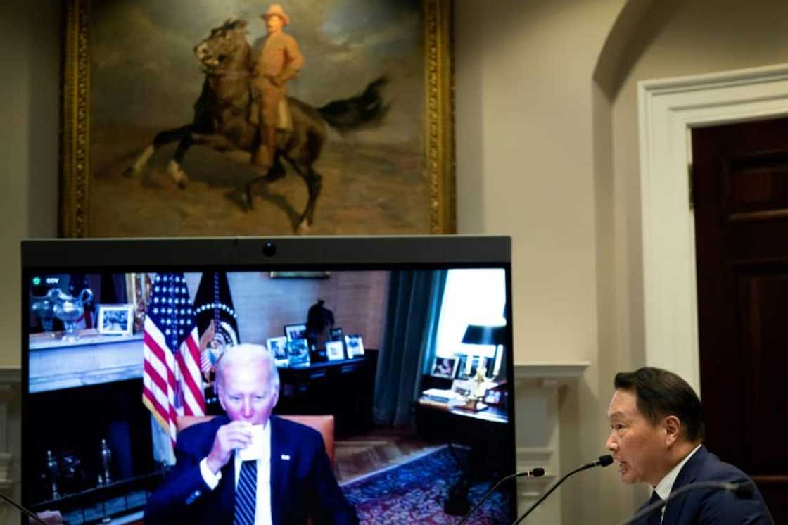 US President Joe Biden meets virtually with the Chairman and Principal Owner of SK Group Chey Tae-won, who was in the White House to announce a $22 billion investment in high-tech industries US President Joe Biden meets virtually with the Chairman and Principal Owner of SK Group Chey Tae-won, who was in the White House to announce a $22 billion investment in high-tech industries