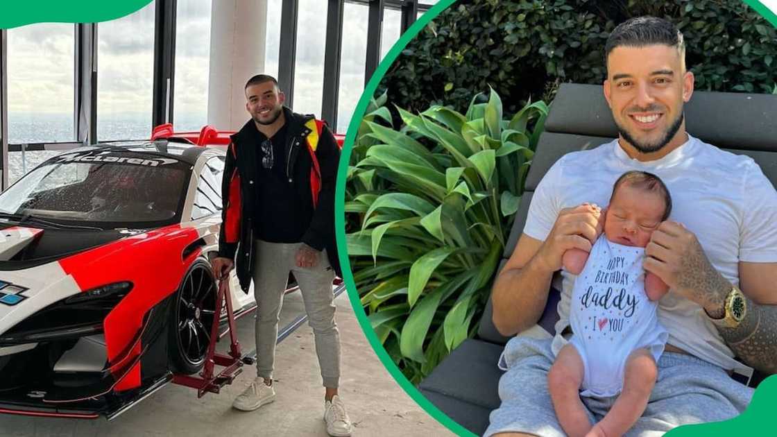 Adrian Portelli posing next to his McLaren Senna GTR 57 (L). The car enthusiast holding his baby (R) Adrian Portelli posing next to his McLaren Senna GTR 57 (L). The car enthusiast holding his baby (R)