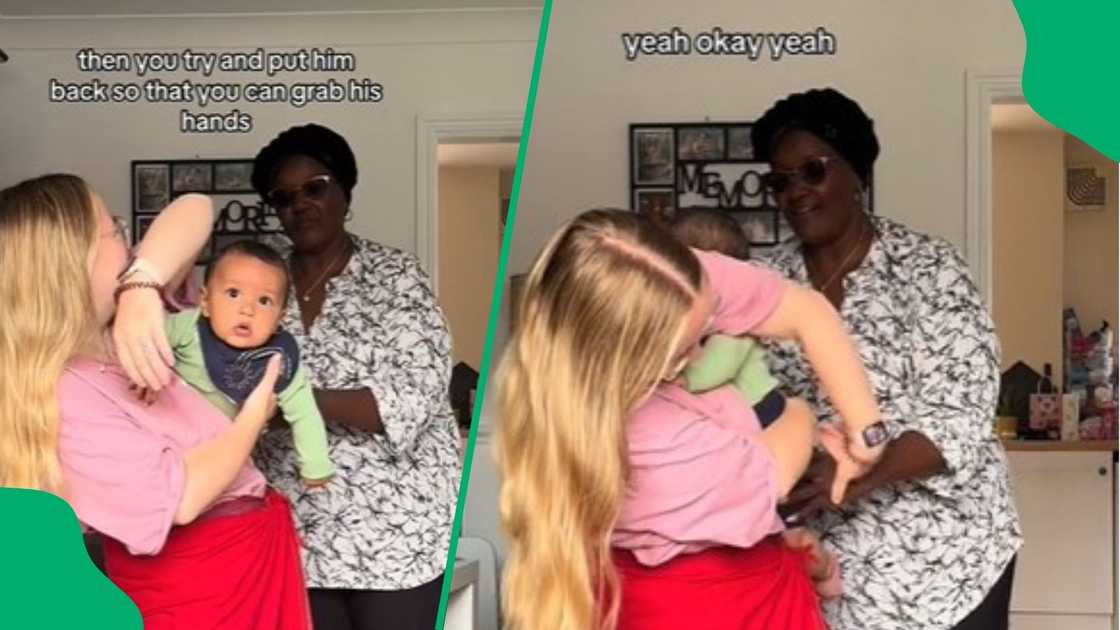 A Kenya mother in law showed her British daughter how to caryy baby on back A Kenya mother in law showed her British daughter how to caryy baby on back