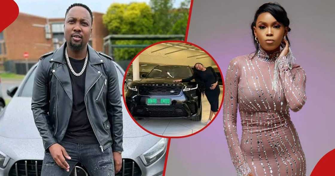 Fidelis Moema and partner, Sthe Bhengu pose in front of their luxury cars Fidelis Moema and partner, Sthe Bhengu pose in front of their luxury cars