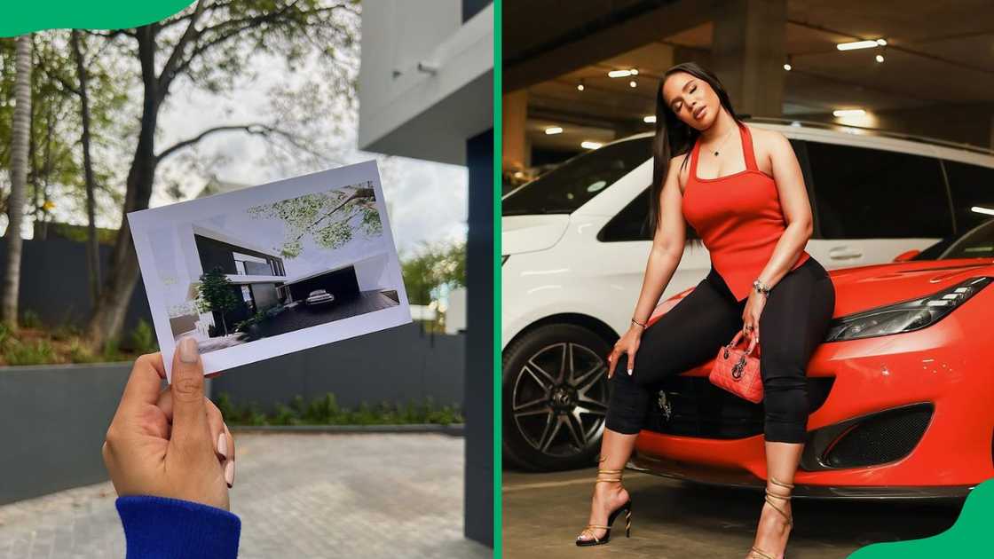 South African DJ and actress poses for a photo beside her car and holding a photo captioned her new home. South African DJ and actress poses for a photo beside her car and holding a photo captioned her new home.