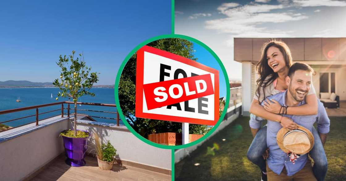 Collage images of a penthouse terrace, sold sign and a couple laughing Collage images of a penthouse terrace, sold sign and a couple laughing