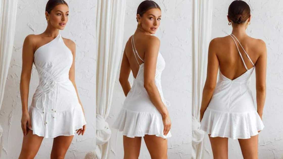 One-shoulder mini with flounce hem One-shoulder mini with flounce hem