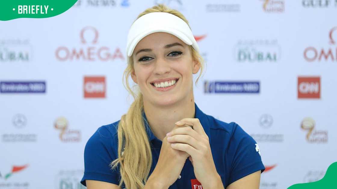 Paige Spiranac during a 2016 press conference at the Emirates Golf Club Paige Spiranac during a 2016 press conference at the Emirates Golf Club