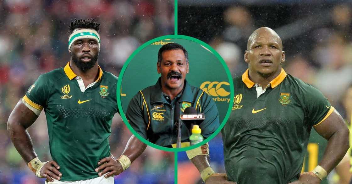 Springbok's Siya Kolisi, and Bongi Mbonambi competing at Rugby World Cup France 2023 semi final match between England and South Africa at Stade de France in Paris, France and former coach Peter de Villiers at Sun Square Hotel in Fourways press briefing.