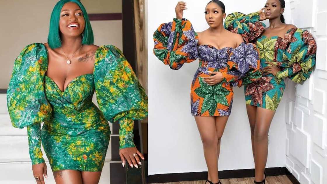 Mini Ankara gown with puffed Julliet sleeves and a plunging neckline Mini Ankara gown with puffed Julliet sleeves and a plunging neckline