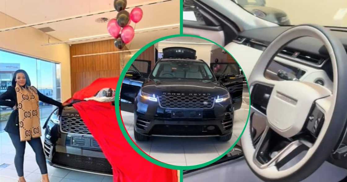 A TikTok video shows a woman celebrating her Range Rover Velar 2023 purchase worth over a million rand.