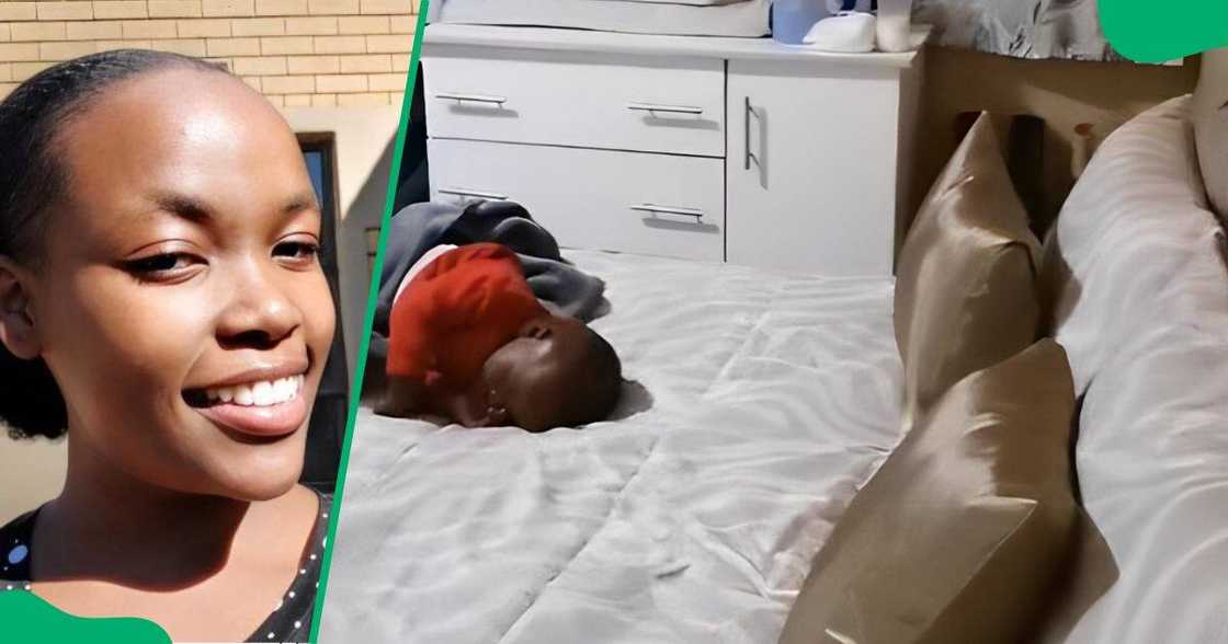 Young mother shares a bedroom with her one-year-old son. Young mother shares a bedroom with her one-year-old son.
