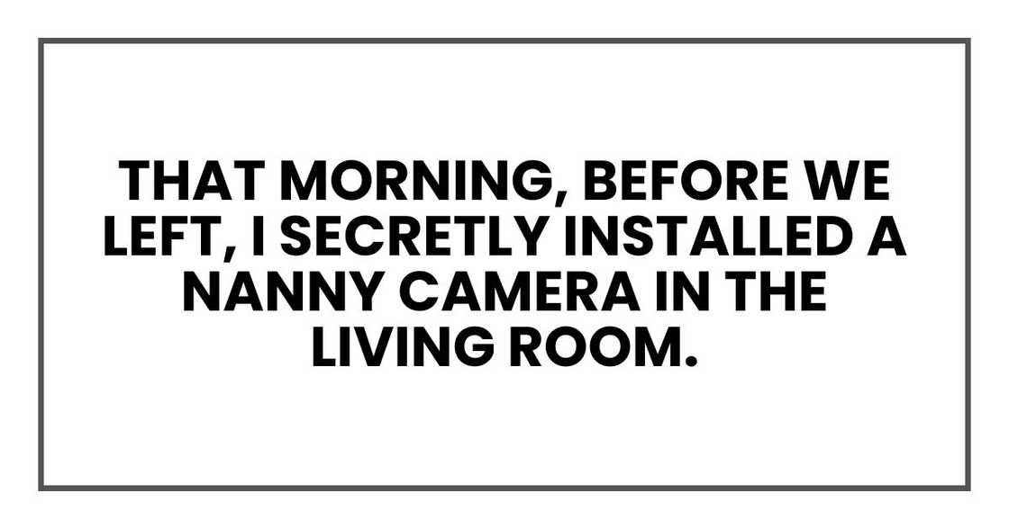 That morning, before we left, I secretly installed a nanny camera in the living room. That morning, before we left, I secretly installed a nanny camera in the living room.