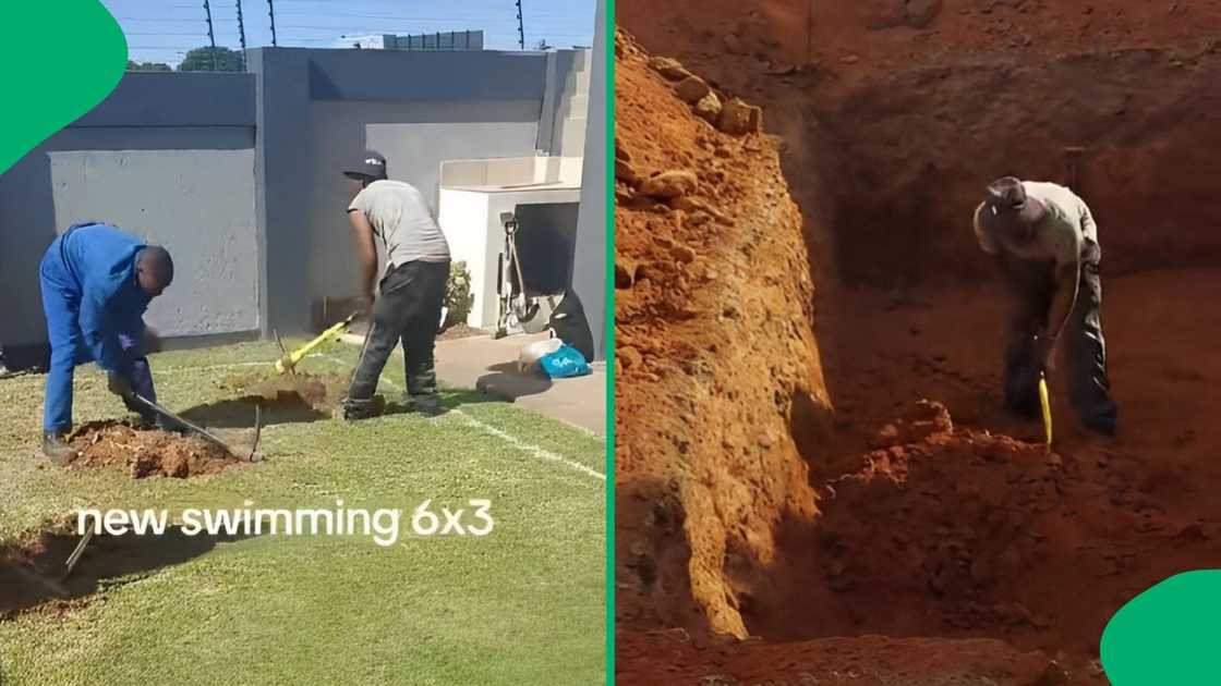 Workers dug a hole for a swimming pool. Workers dug a hole for a swimming pool.