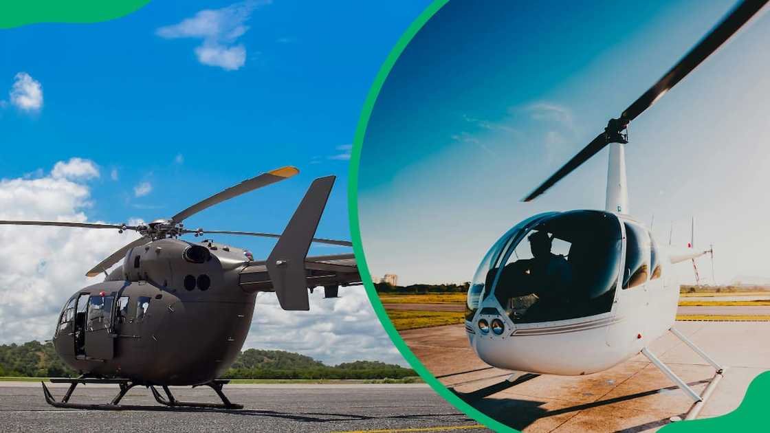 A grey helicopter on a concrete pavement and a person in a small helicopter A grey helicopter on a concrete pavement and a person in a small helicopter