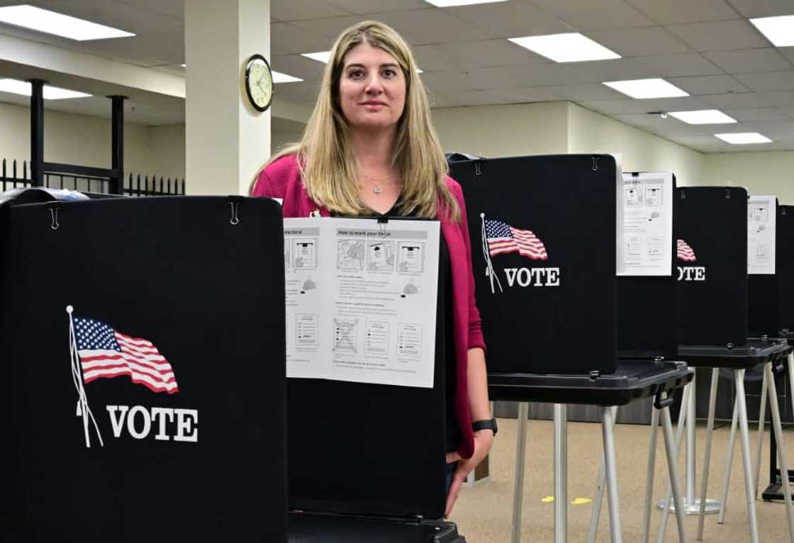 Joanna Francescut, the election registrar in California's Shasta County,  stands in a voting precinct in Redding on February 24, 2024 Joanna Francescut, the election registrar in California's Shasta County,  stands in a voting precinct in Redding on February 24, 2024