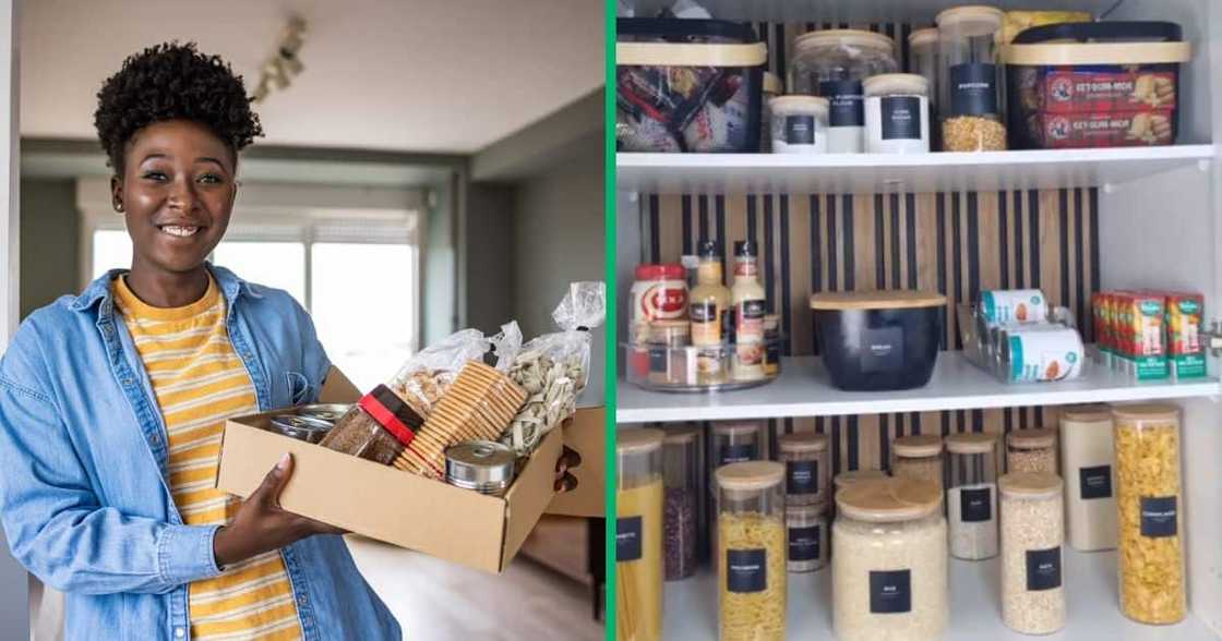 woman restocks pantry woman restocks pantry