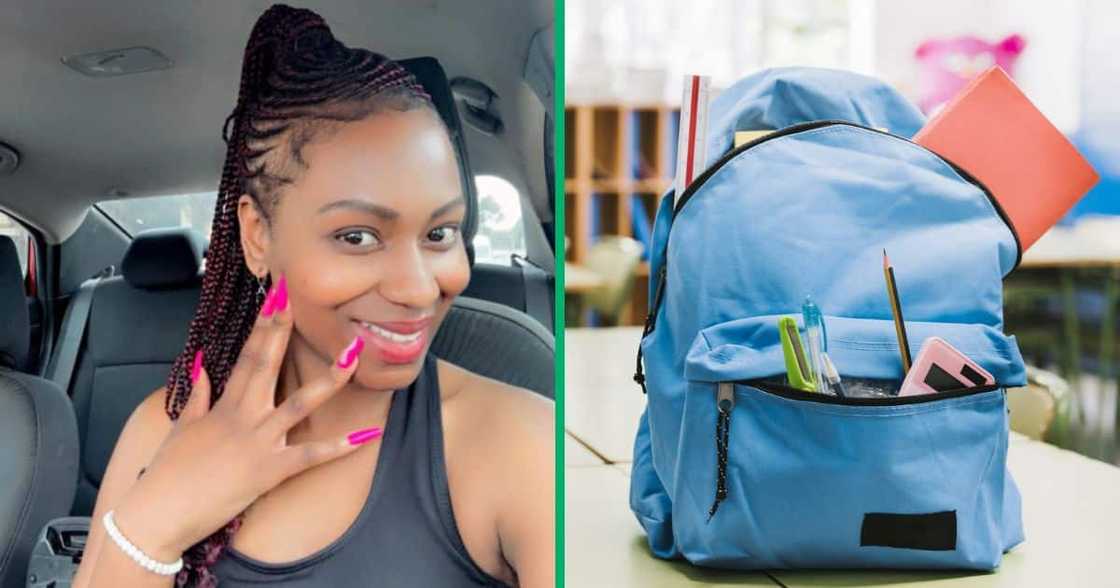 Mom shows child's stationery pack Mom shows child's stationery pack