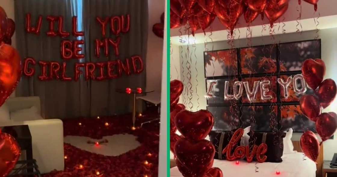 A hotel suite filled with red balloons and rose petals