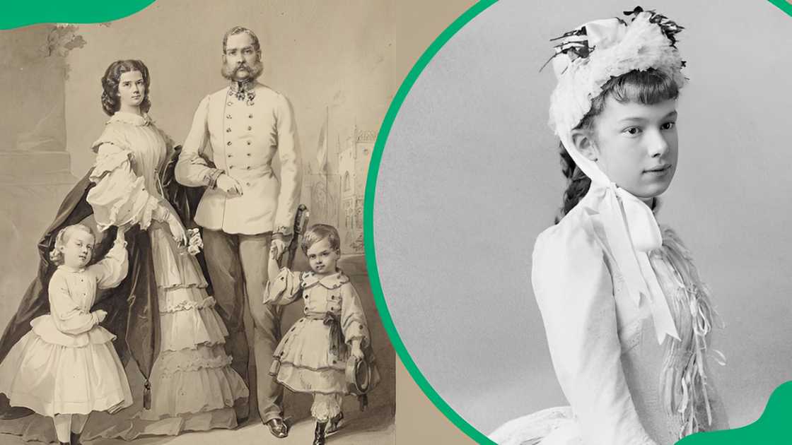 Emperor Franz Joseph I with Empress Elisabeth and their children, Rudolf and Gisela (L). Photo: Empress Sisi's daughter, Marie (R).