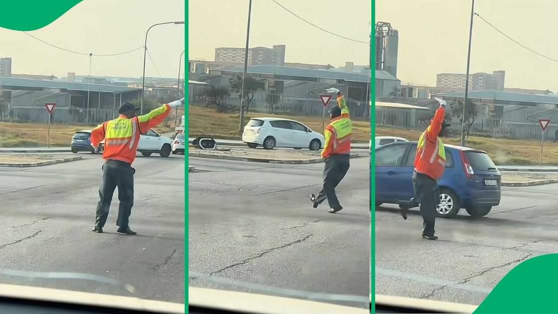 A TikTok video shows a South African traffic officer dancing on the road. A TikTok video shows a South African traffic officer dancing on the road.