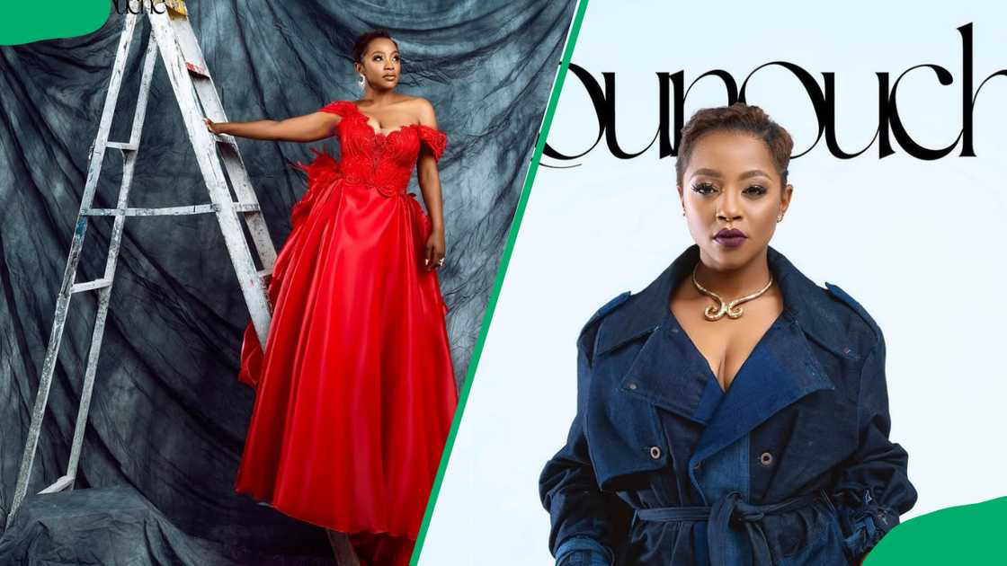 Thato Moeng is pictured in a red gown and a navy blue coat for a magazine feature Thato Moeng is pictured in a red gown and a navy blue coat for a magazine feature