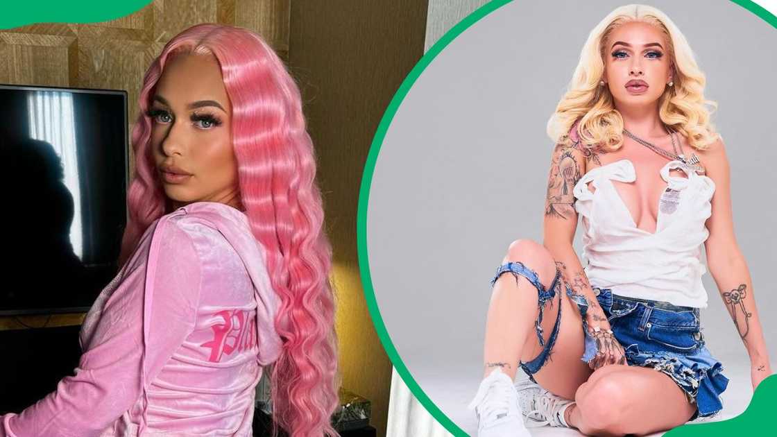 Rapper Mariahlynn rocking pink hair (L). Mariah wearing blue shorts (R)