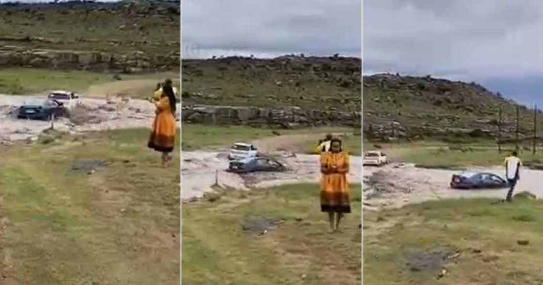 river, body, water, car, raging, onlookers, two, cameras, flow, bank, grass, woman, man