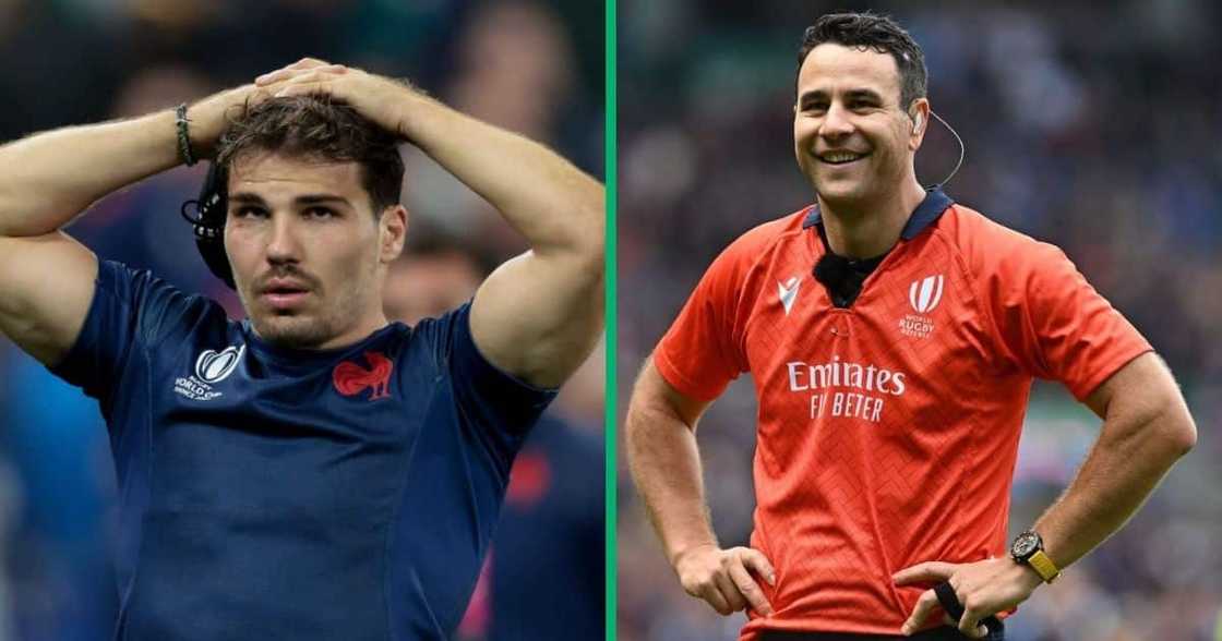 France captain Antoine Dupont holding his head after the Springbok quarter final defeat, and referee Ben O'Keefe