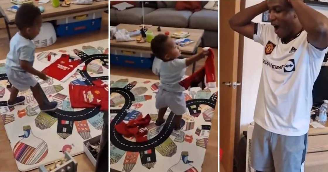 Father watches his son make pick which football team he preferred between Man United and Arsenal.