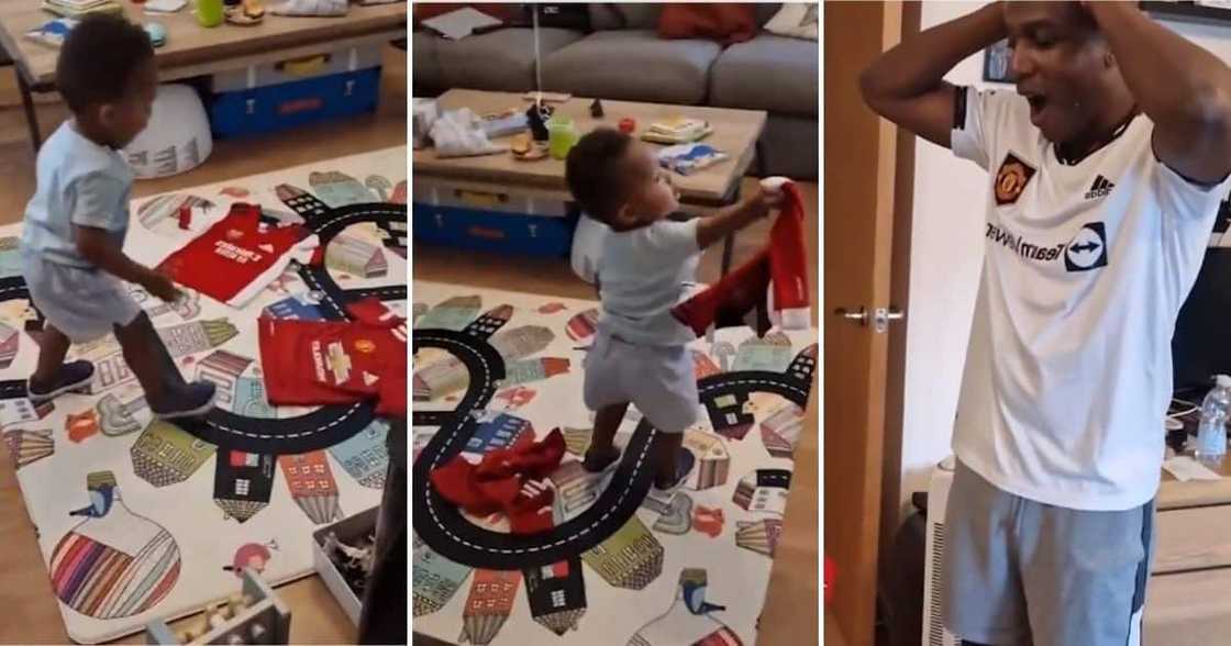 Father watches his son make pick which football team he preferred between Man United and Arsenal. Father watches his son make pick which football team he preferred between Man United and Arsenal.