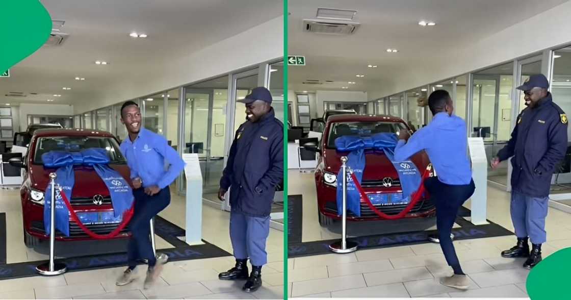 A TikTok video shows a car salesman dancing for a South African police officer who purchased a vehicle. A TikTok video shows a car salesman dancing for a South African police officer who purchased a vehicle.
