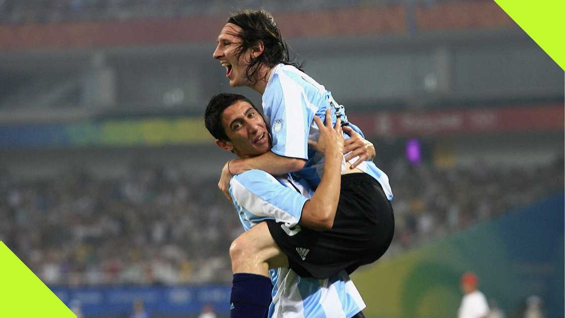 Angel Di Maria and Lionel Messi playing for Argentina at the 2008 Olympics.