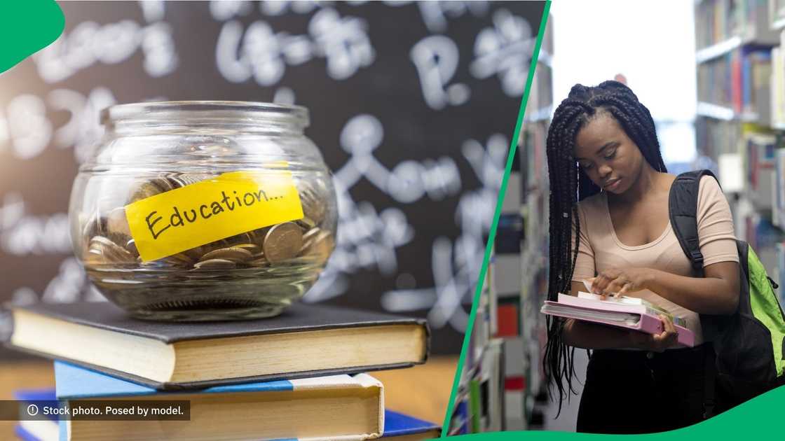 A glass jar with coins for education, and a student in a library reading a book. A glass jar with coins for education, and a student in a library reading a book.