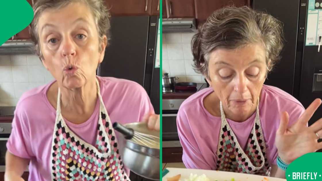 An Afrikaans grandmother holding a freshly baked pap tert with a golden crust, perfect for a South African braai