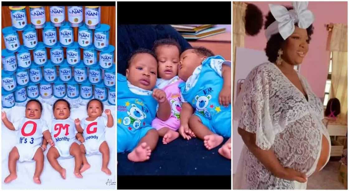 Photos of a set of triplets and their mother.