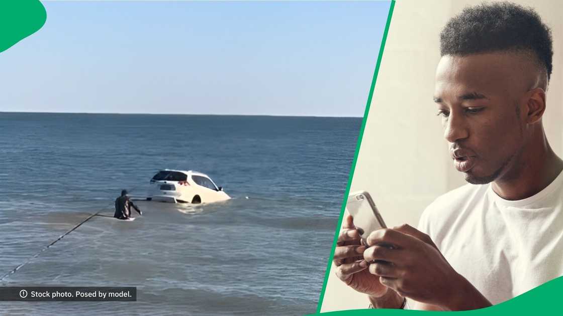 A vehicle owner tried to save his vehicle that floated into the sea. A vehicle owner tried to save his vehicle that floated into the sea.