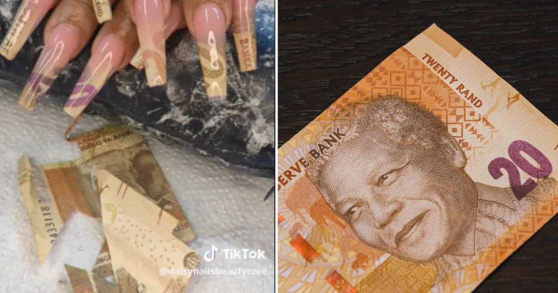 woman tears up R20 to add to acrylic nails. woman tears up R20 to add to acrylic nails.