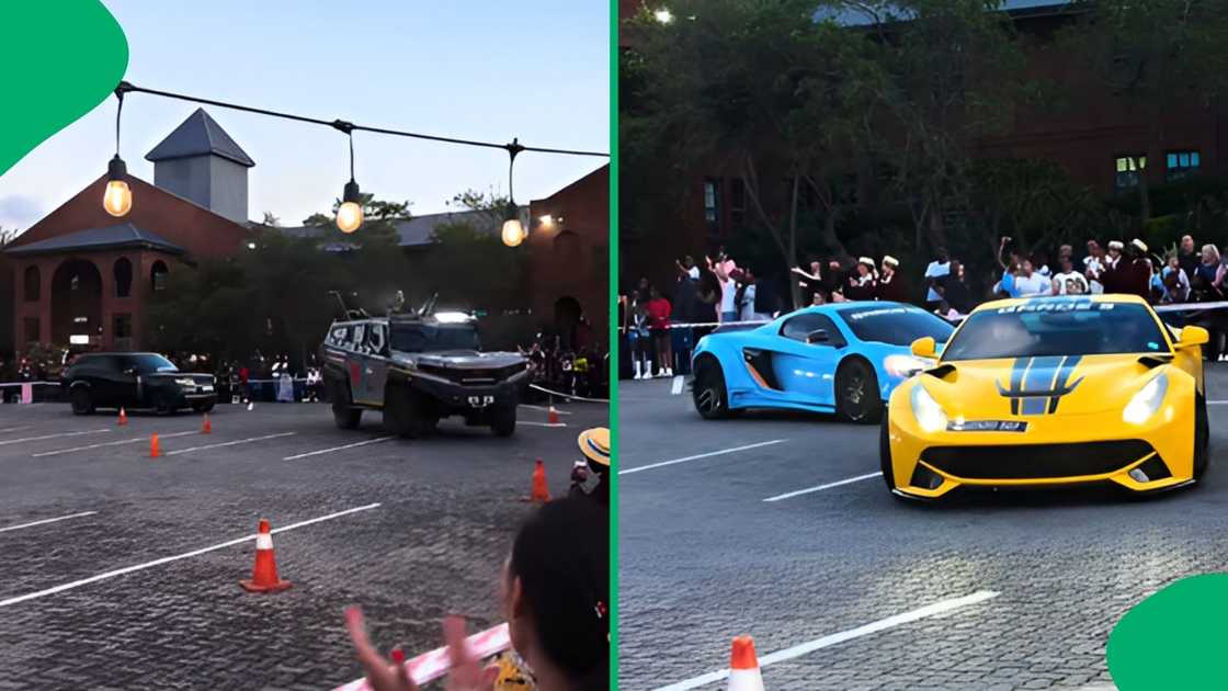 The single learner was accompanied by an armoured vehicle and exotic supercars representing grades 1 to 12 The single learner was accompanied by an armoured vehicle and exotic supercars representing grades 1 to 12