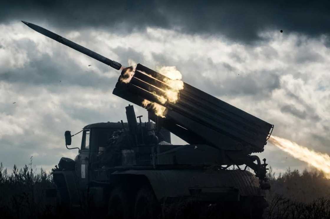 A multiple rocket launcher fires a rocket towards Russian positions in Ukraine's region of Kharkiv