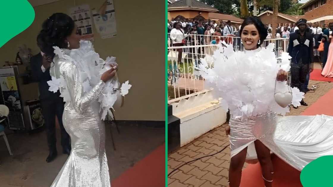 A girl struggled to walk in her feathery dress.