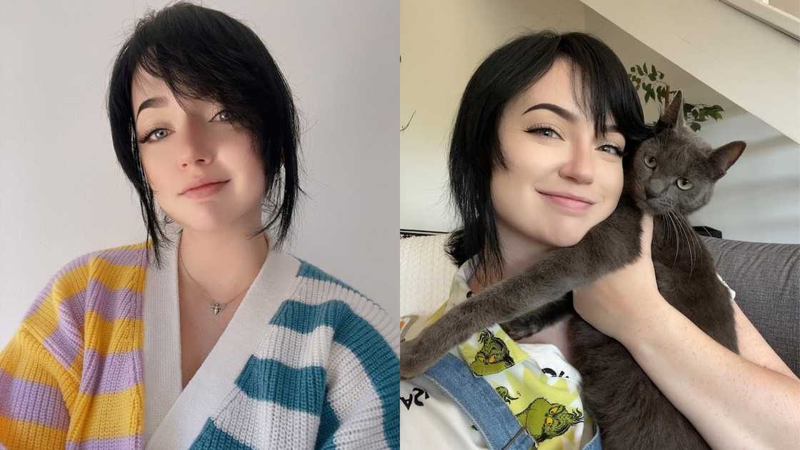 Crystal Greeff-Katsini in a striped sweater and petting her cat Crystal Greeff-Katsini in a striped sweater and petting her cat