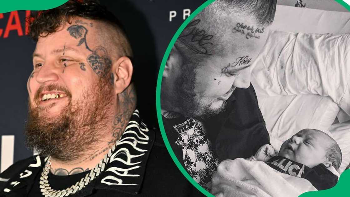 Jelly Roll during the 66th Grammy Awards (L). The singer holding his son, Noah Buddy (R) Jelly Roll during the 66th Grammy Awards (L). The singer holding his son, Noah Buddy (R)
