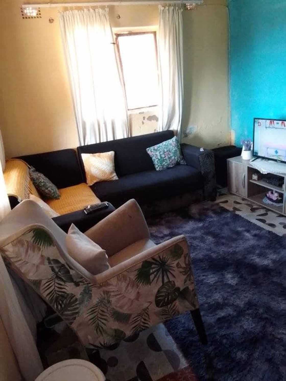 Woman shows off her lounge. Woman shows off her lounge.