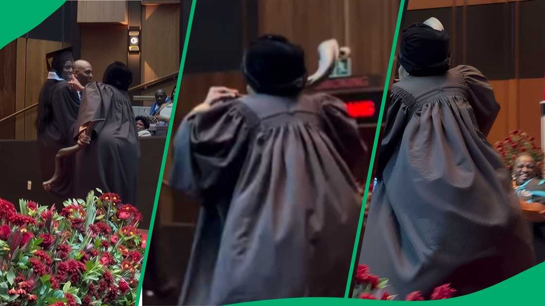 The Gogo strides onto the graduation stage and starts playing the horn in a burst of celebration. The Gogo strides onto the graduation stage and starts playing the horn in a burst of celebration.
