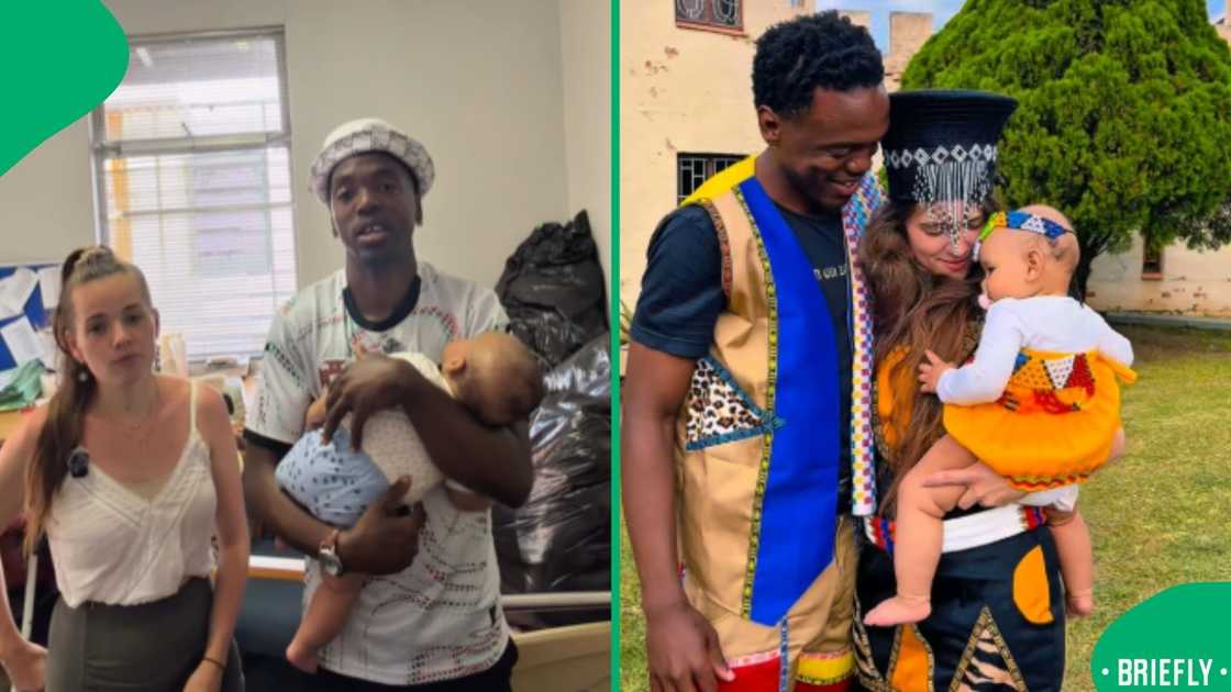 The visual on the right captured the couple wearing Zulu traditional attire