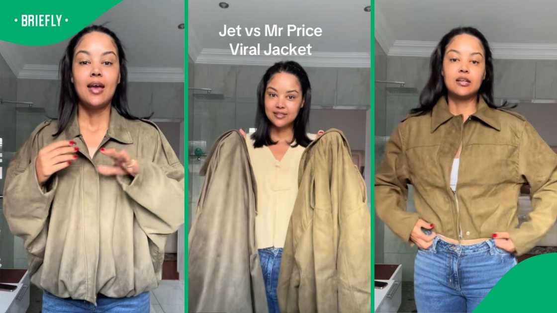 A woman tried on different jackets. A woman tried on different jackets.