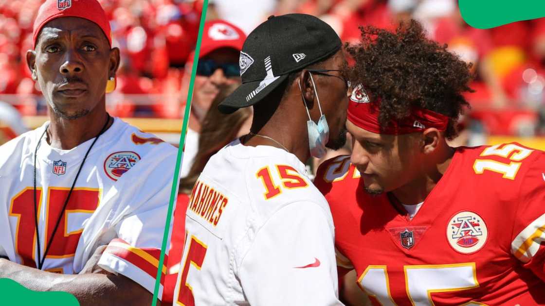 Pat Mahomes Sr. at his son's NFL game against the San Francisco 49ers in 2018 (L). The celebrity dad and his son at a 2021 match against the Los Angeles Chargers (R)