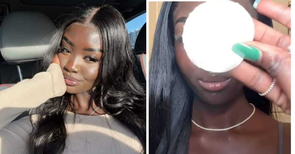 Young woman flexes make-up free skin Young woman flexes make-up free skin